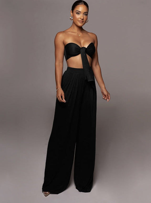 Black Lace-Up Tube Top and Mid Waist Wide Leg Pants