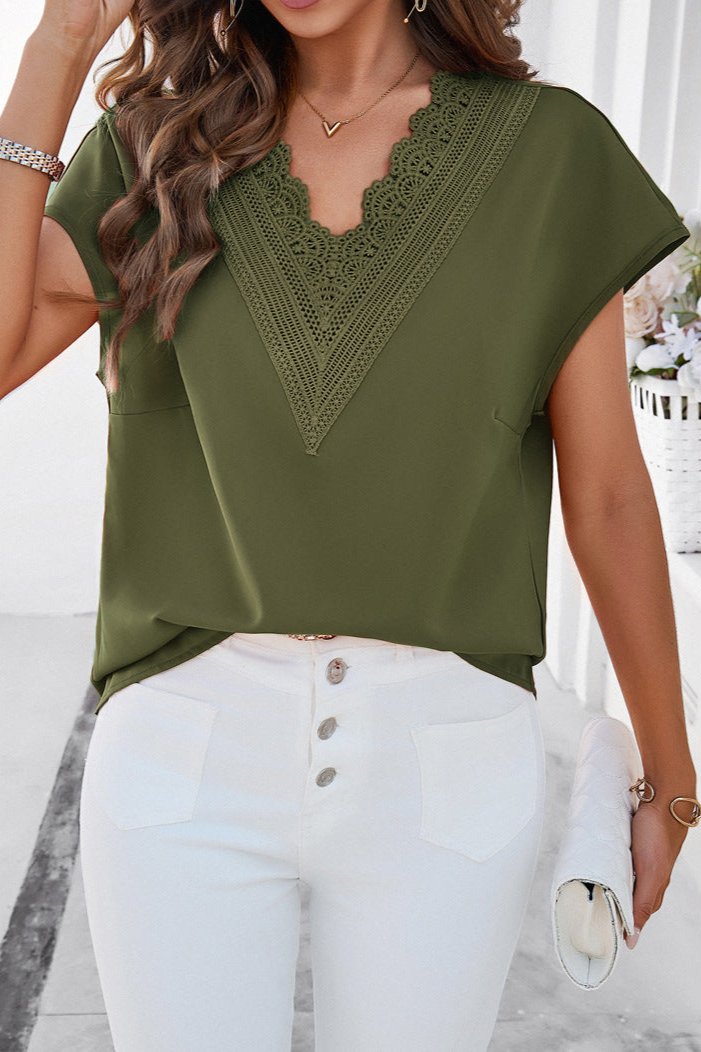 Elegant V-Neck Lace Short Sleeve Shirt