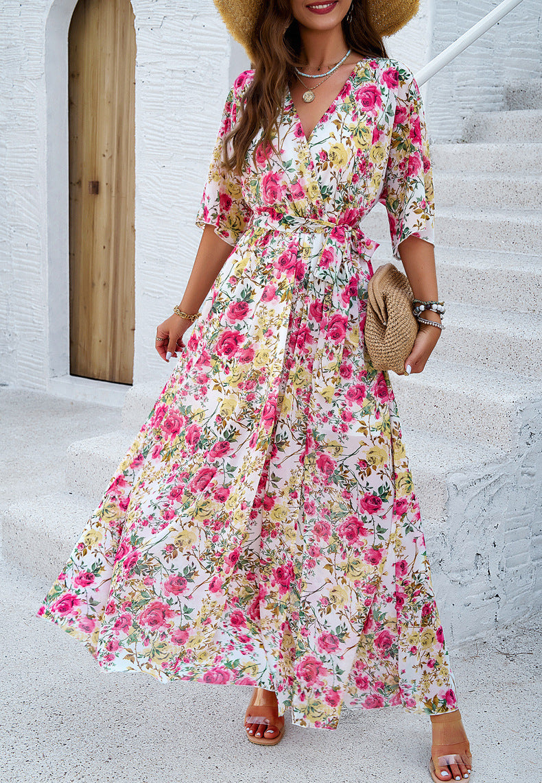 Floral Printed V-Neck Pleated Dress