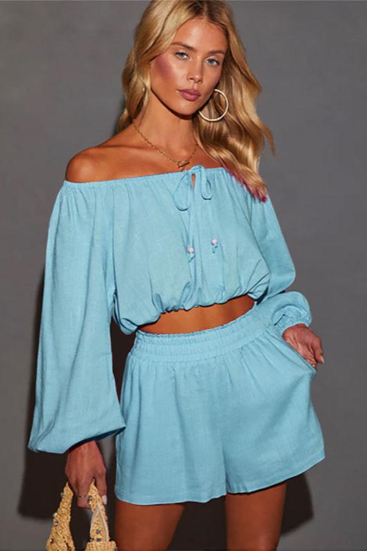 Off Shoulder Long Sleeve Top and Shorts Set