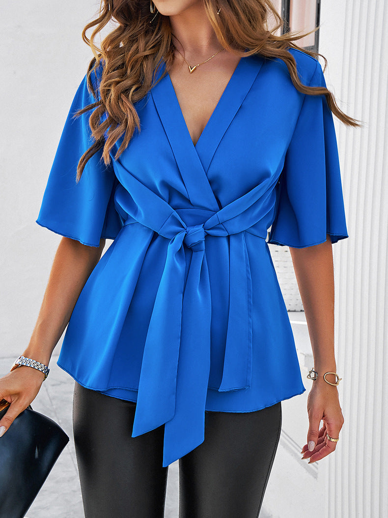 Plain V-Neck Ribbon Tie Blouse