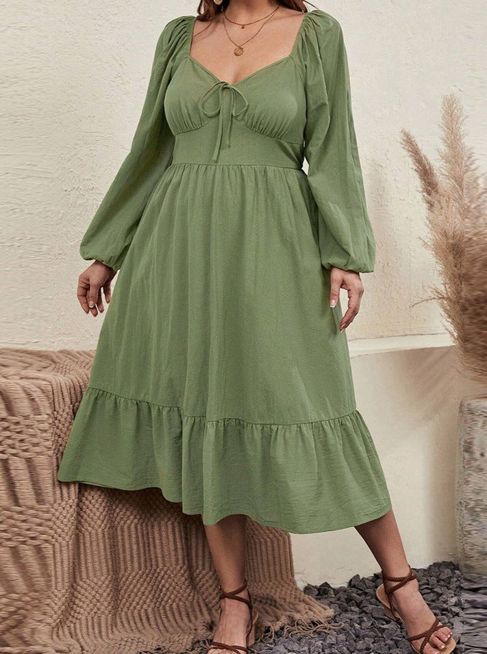 Puff Long Sleeve Square Neck Casual Dress