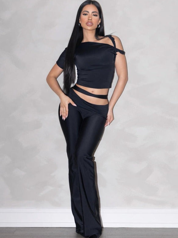 2 Piece Short Sleeved Sexy Shirt and Flared Pants Set