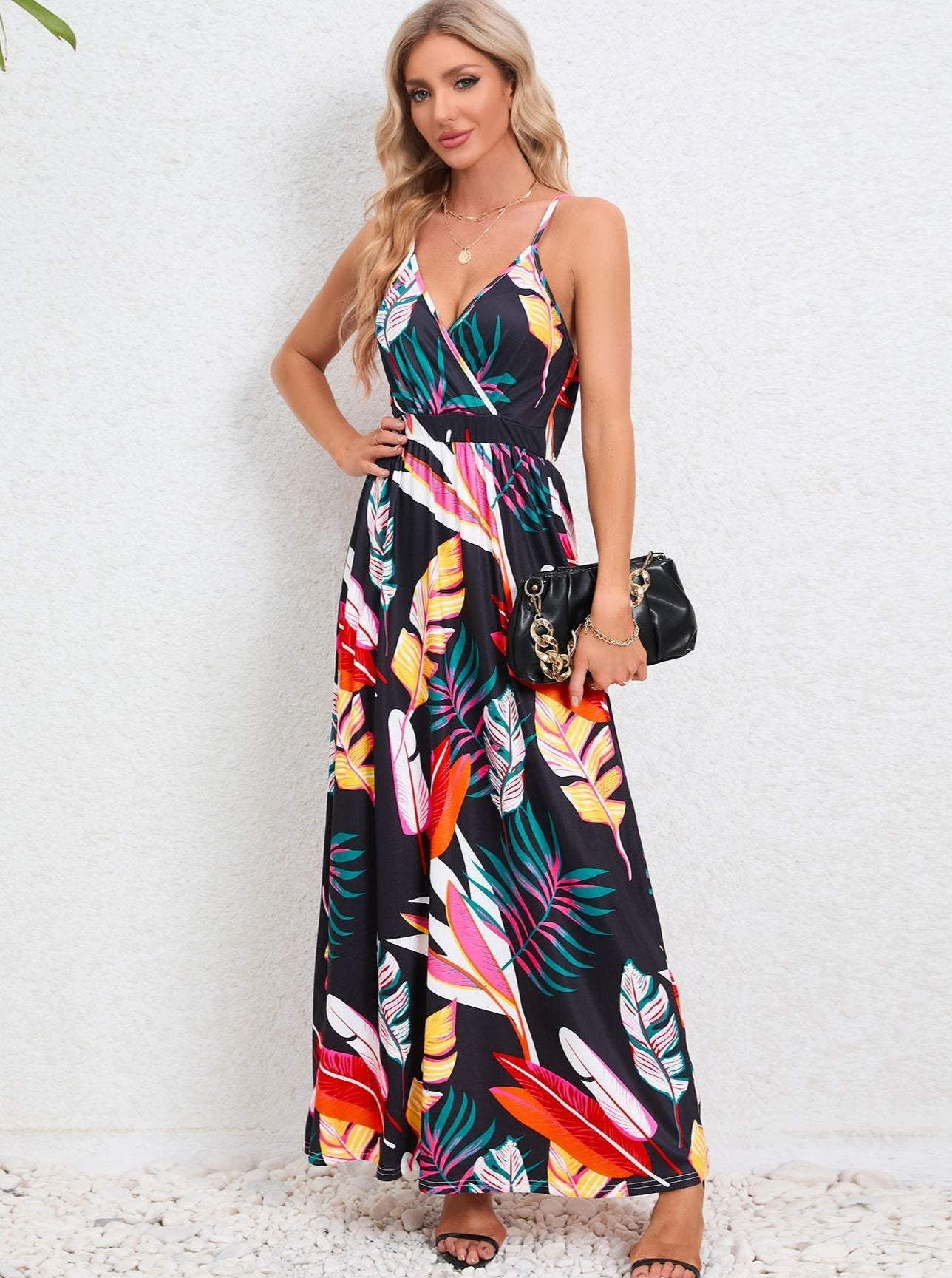 Black Tropical Printed Long Dress