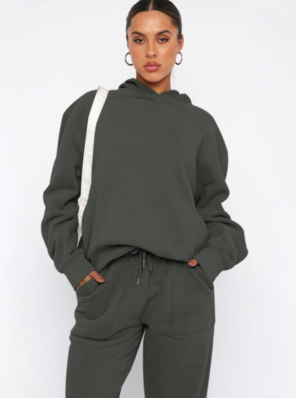 Casual Deep Gray Hooded Long Sleeve Sweater and Trousers Set