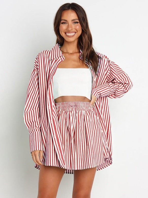 Red Striped Long Sleeves and Shorts Set