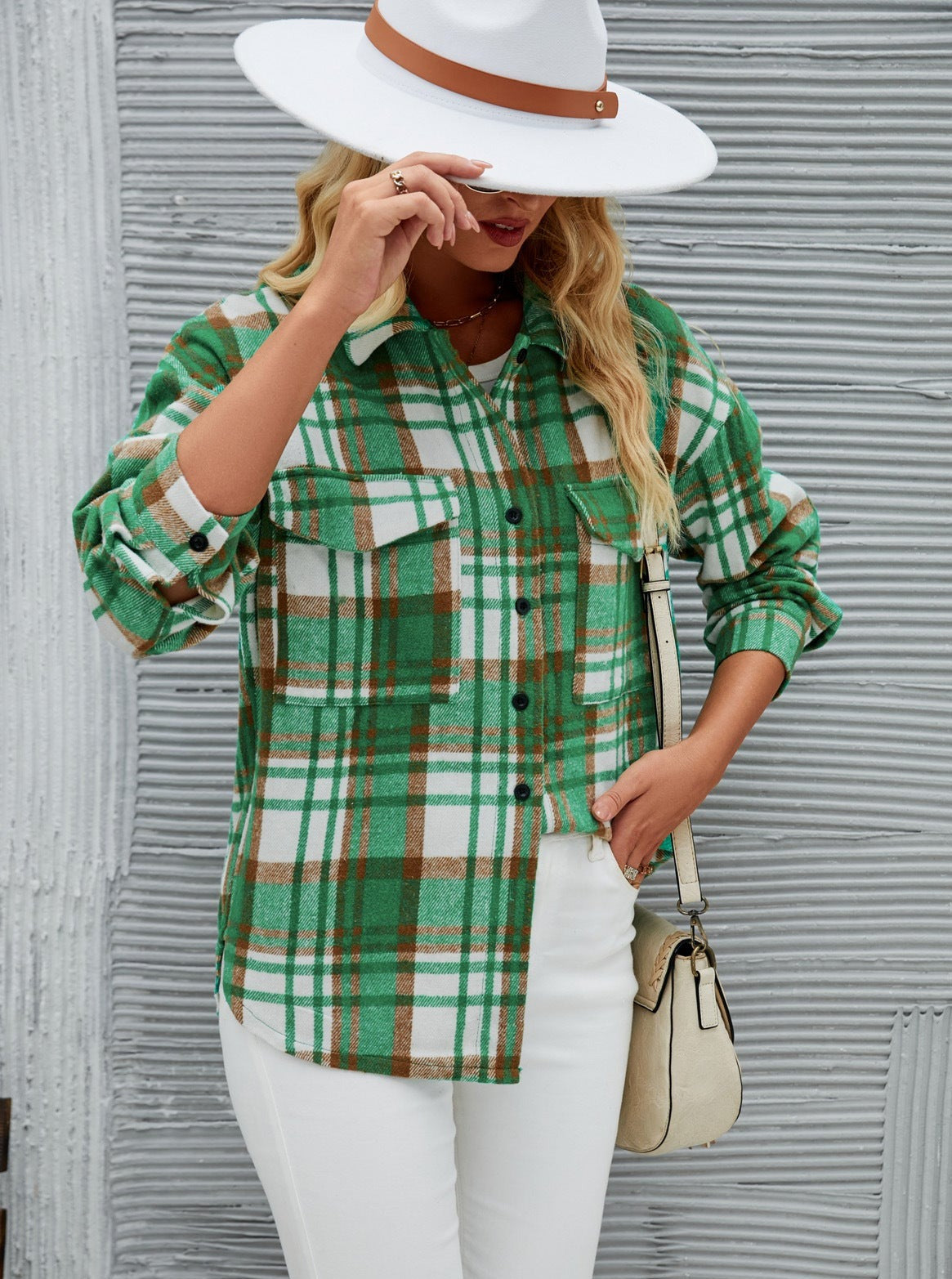 Green Plaid Button Up Classic Long Sleeve Cardigan