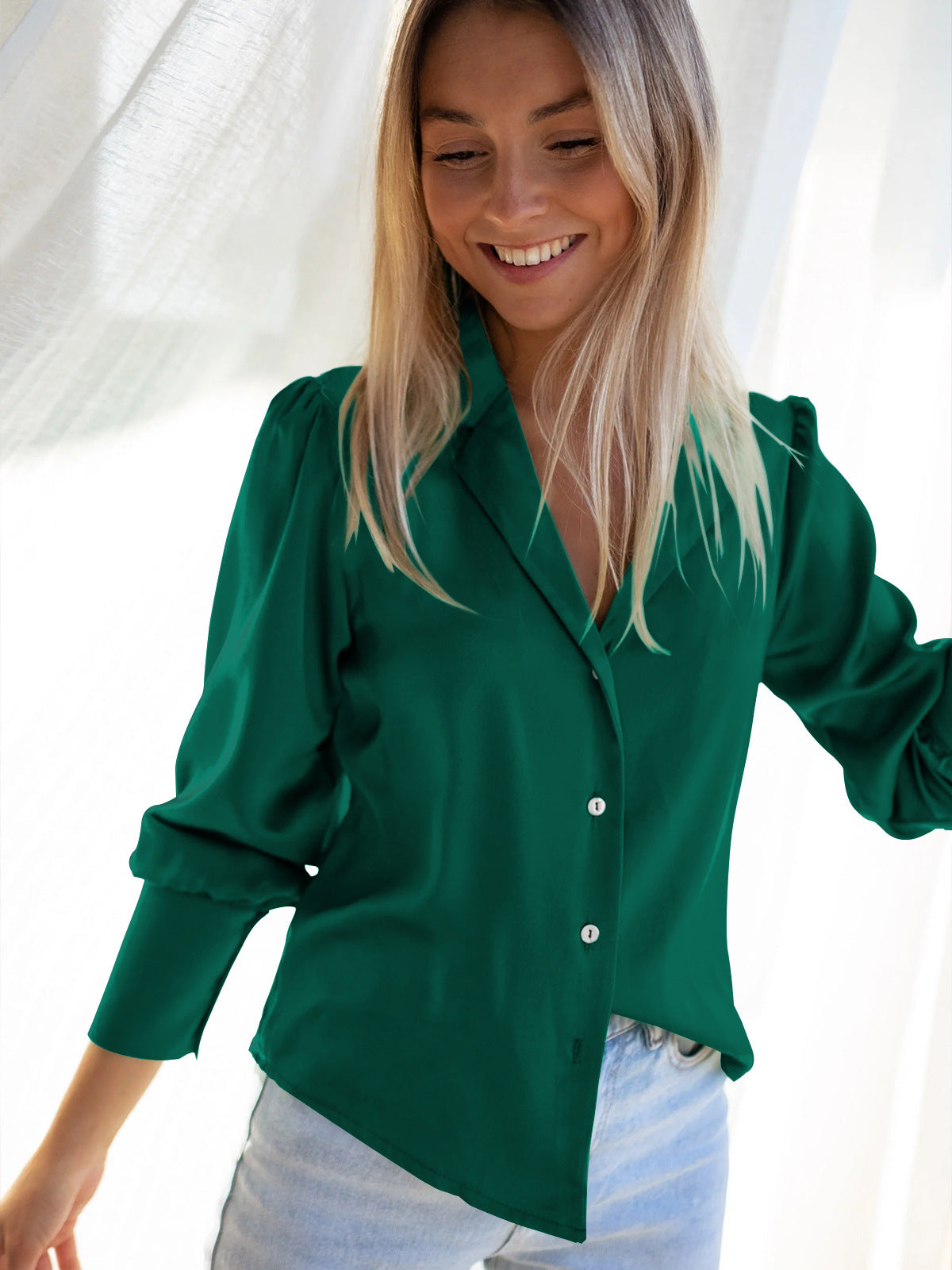 Green Women Loose Button Down Long Sleeve Shirt