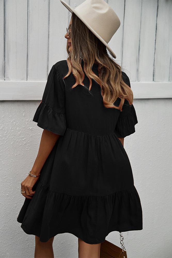 Sexy Frill V-Neck Drawstring Tie Smock Dress