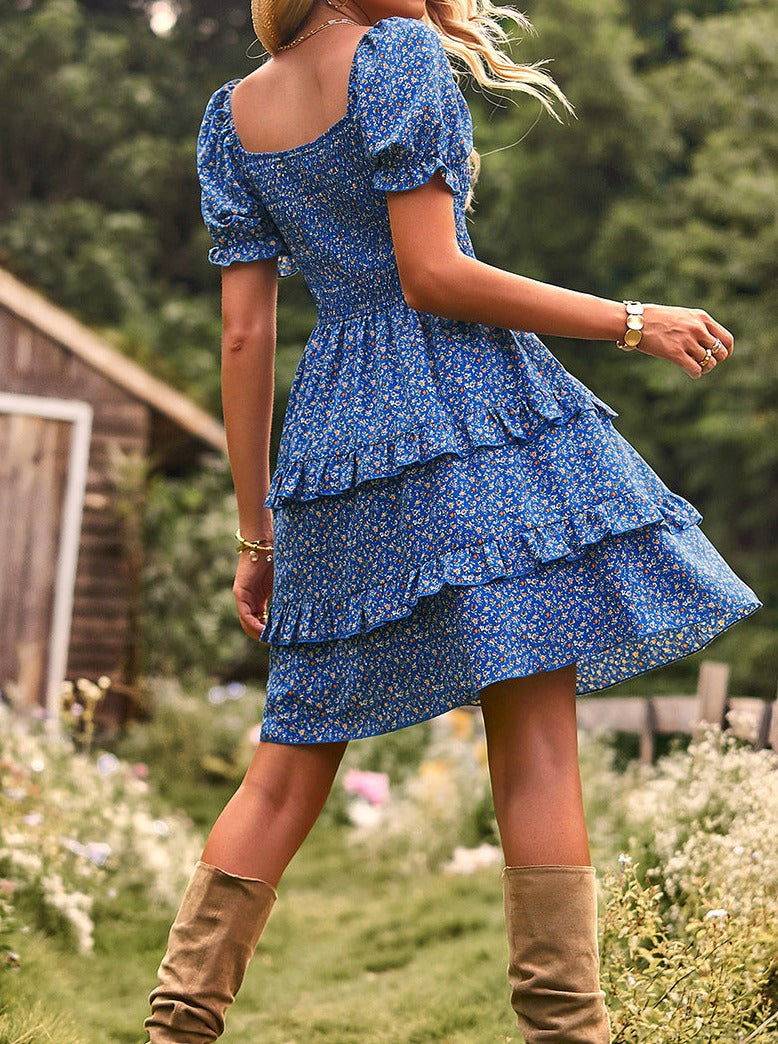 Light Blue V-Neck Off Shoulder Floral Printed Cake Skirt Dress