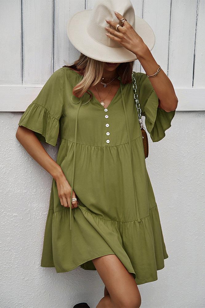 Sexy Frill V-Neck Drawstring Tie Smock Dress