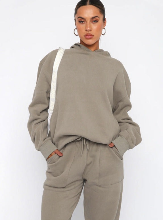 Casual Gray Hooded Long Sleeve Sweater and Trousers Set
