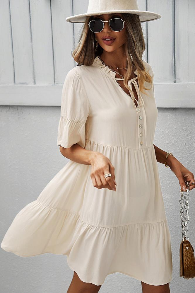 Sexy Frill V-Neck Drawstring Tie Smock Dress