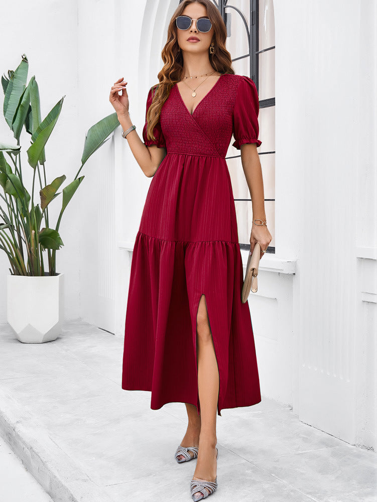 V-Neck Short Sleeved Long Dress