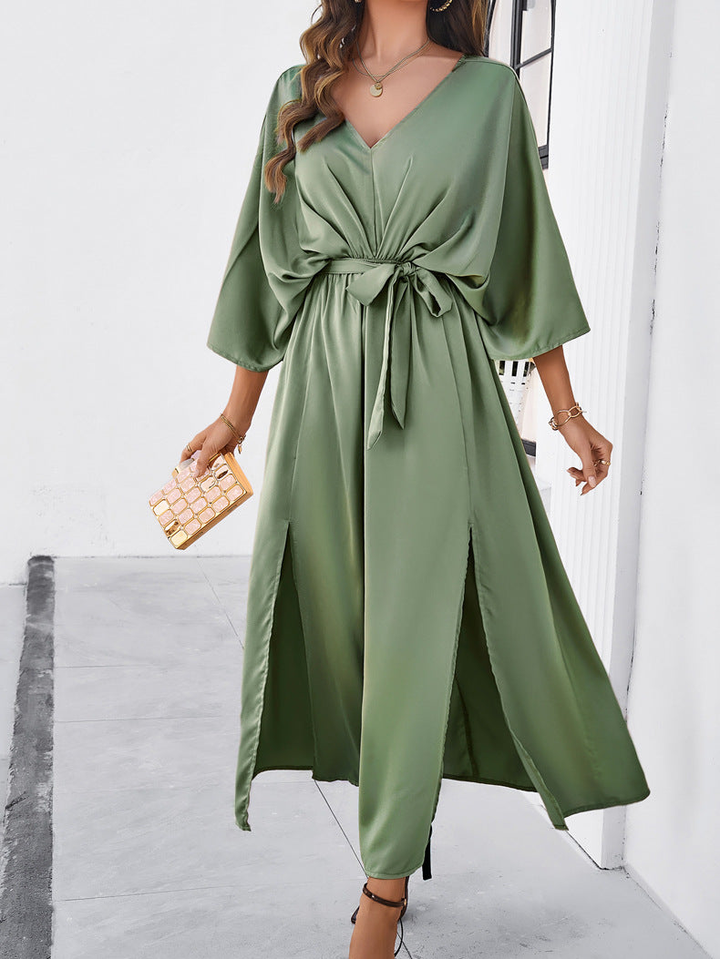 Green Elegant V-Neck Temperament Loose Dress