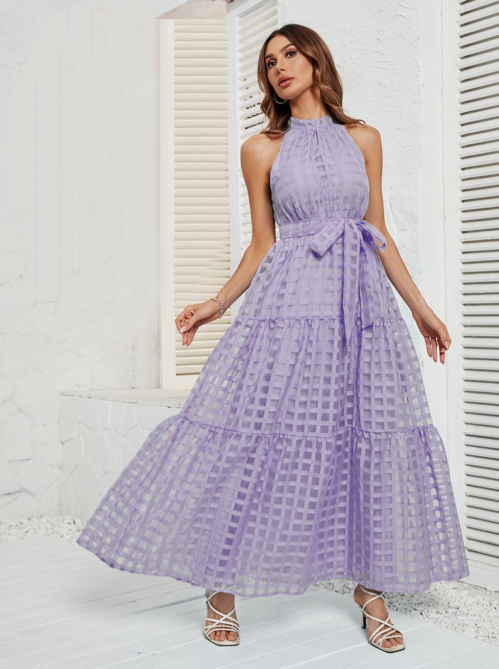 Purple Halter Mesh Belted Maxi Dress