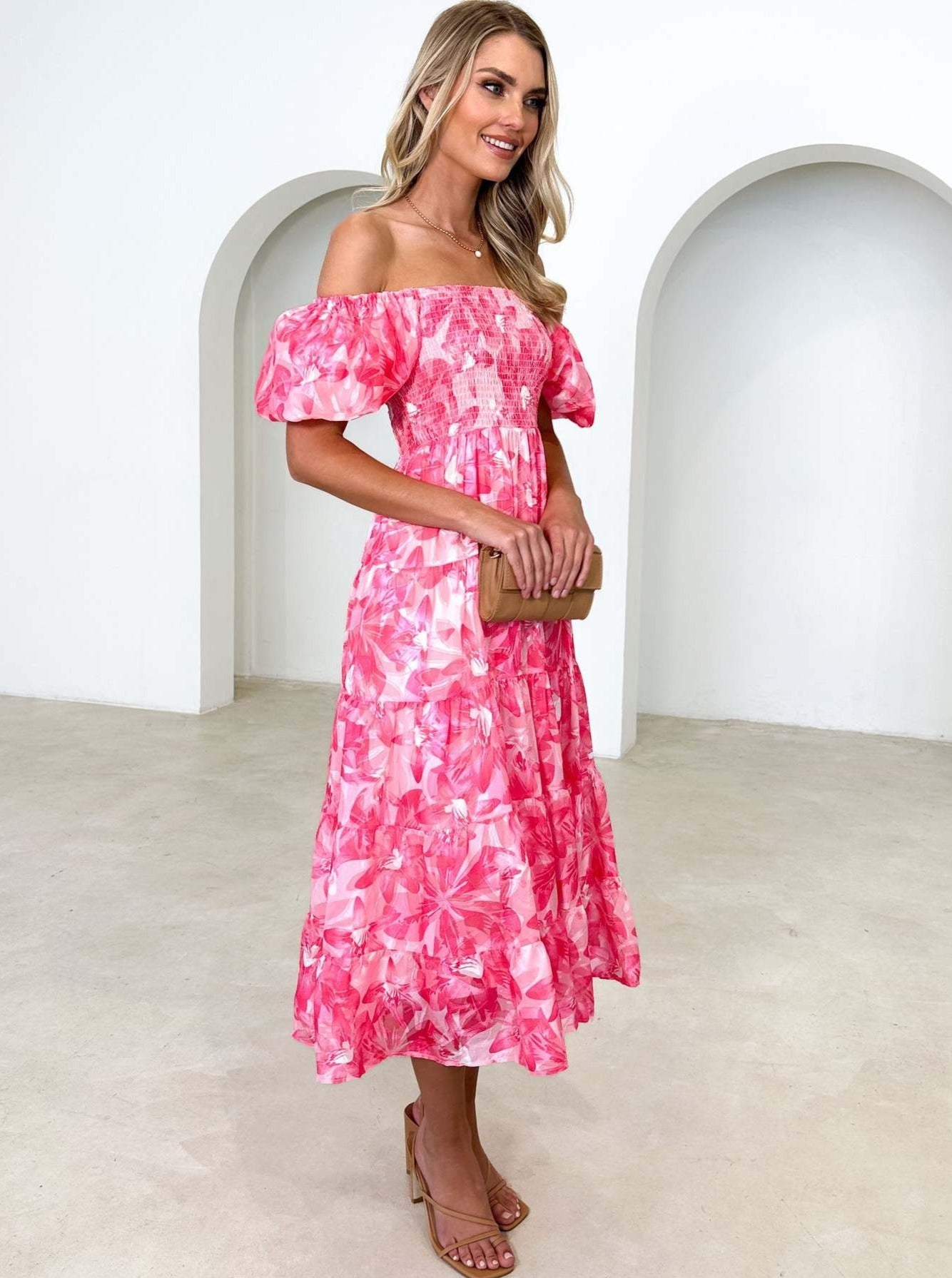 Pink Floral Smocked Square Neck Puff Sleeve Dress