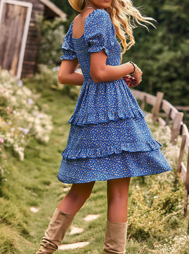 Light Blue V-Neck Off Shoulder Floral Printed Cake Skirt Dress
