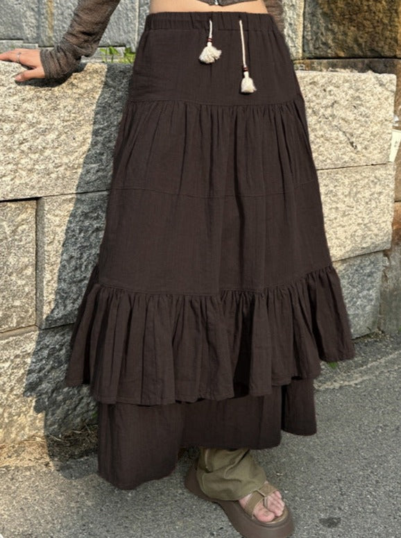Brown Pleated Mid Length Maxi Skirt