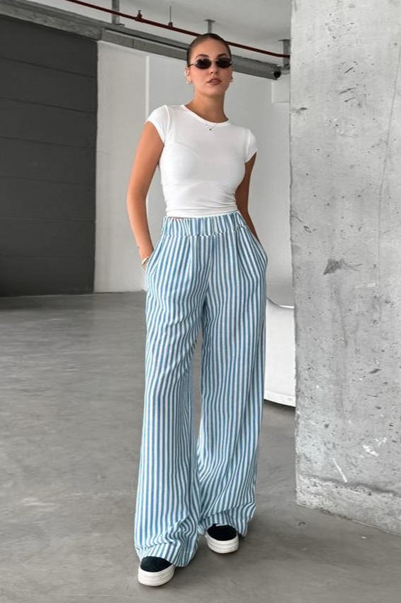 Casual Stripes High Waist Loose Straight Elastic Trousers