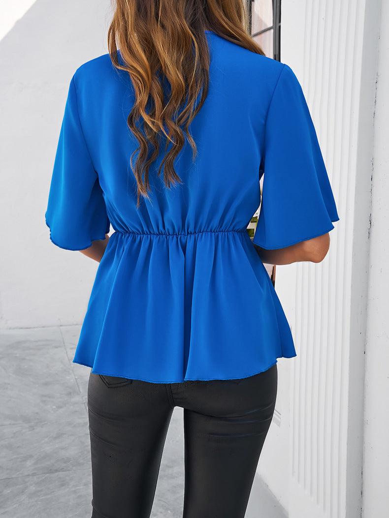 Plain V-Neck Ribbon Tie Blouse