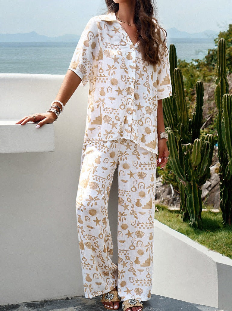 White Temperament Printed Short-Sleeved Suit