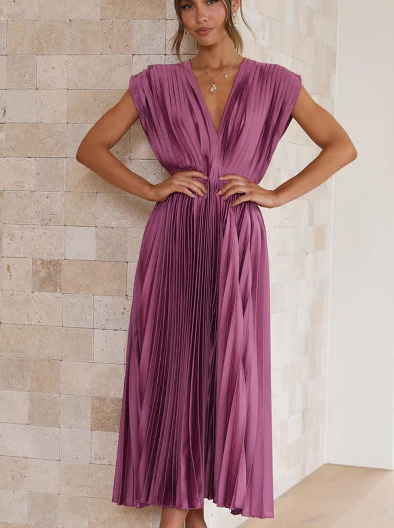 Purple Casual V-Neck Pleated Dress