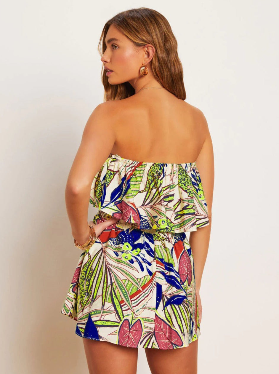 Yellow Green Strapless Tropical Printed Tube Top Dress