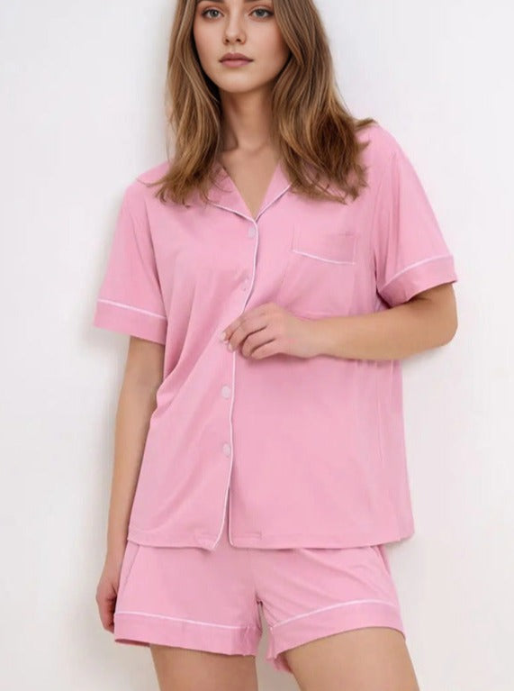 Pink Plain Two Piece Short Sleeve Loose Knitted Set