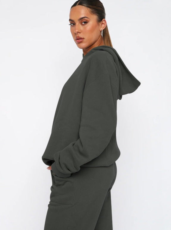 Casual Deep Gray Hooded Long Sleeve Sweater and Trousers Set