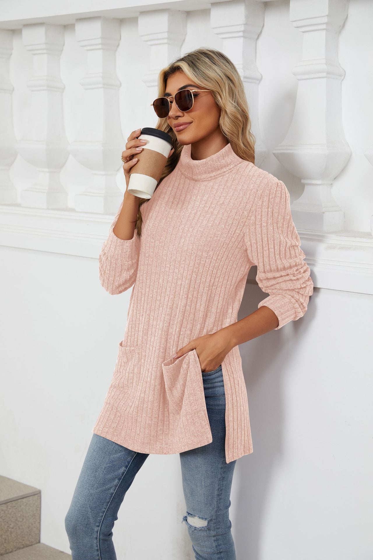 High Collar Long Sleeve Long T-Shirt