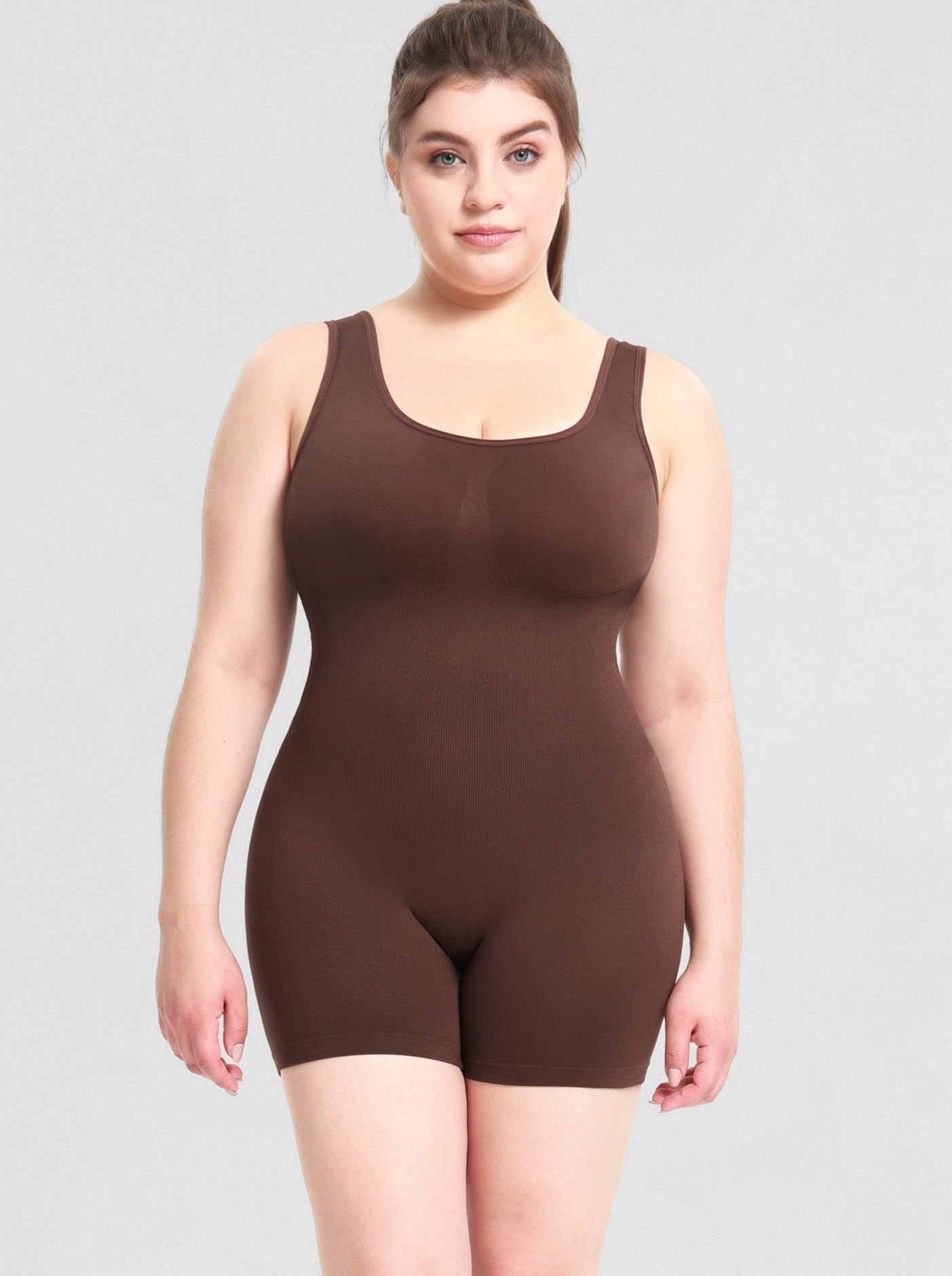 Brown Plus Size Tummy Control Romper Bodysuit
