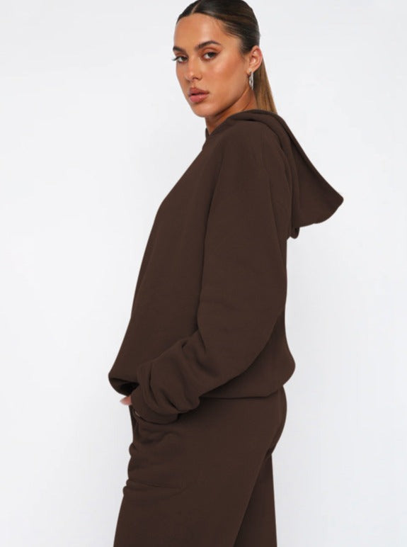 Casual Coffee Hooded Long Sleeve Sweater and Trousers Set