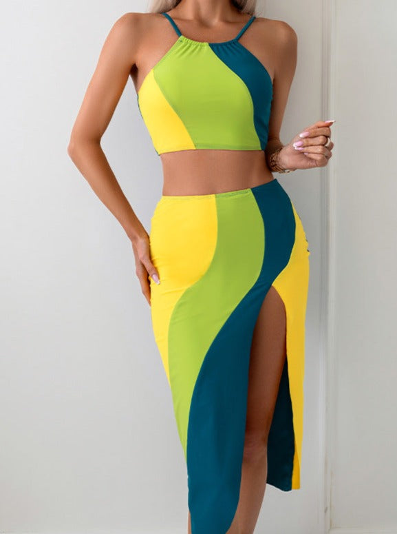 3-delt tri-farvet polstret Monokini med nederdel Beachwear sæt 