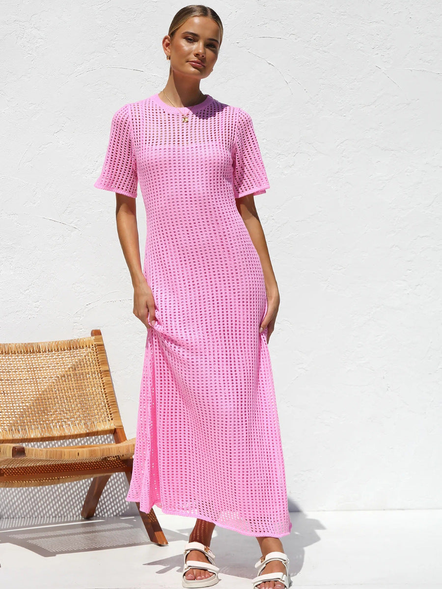Pink Casual Round Neck Short Sleeve Hollow Mid-Length Dress