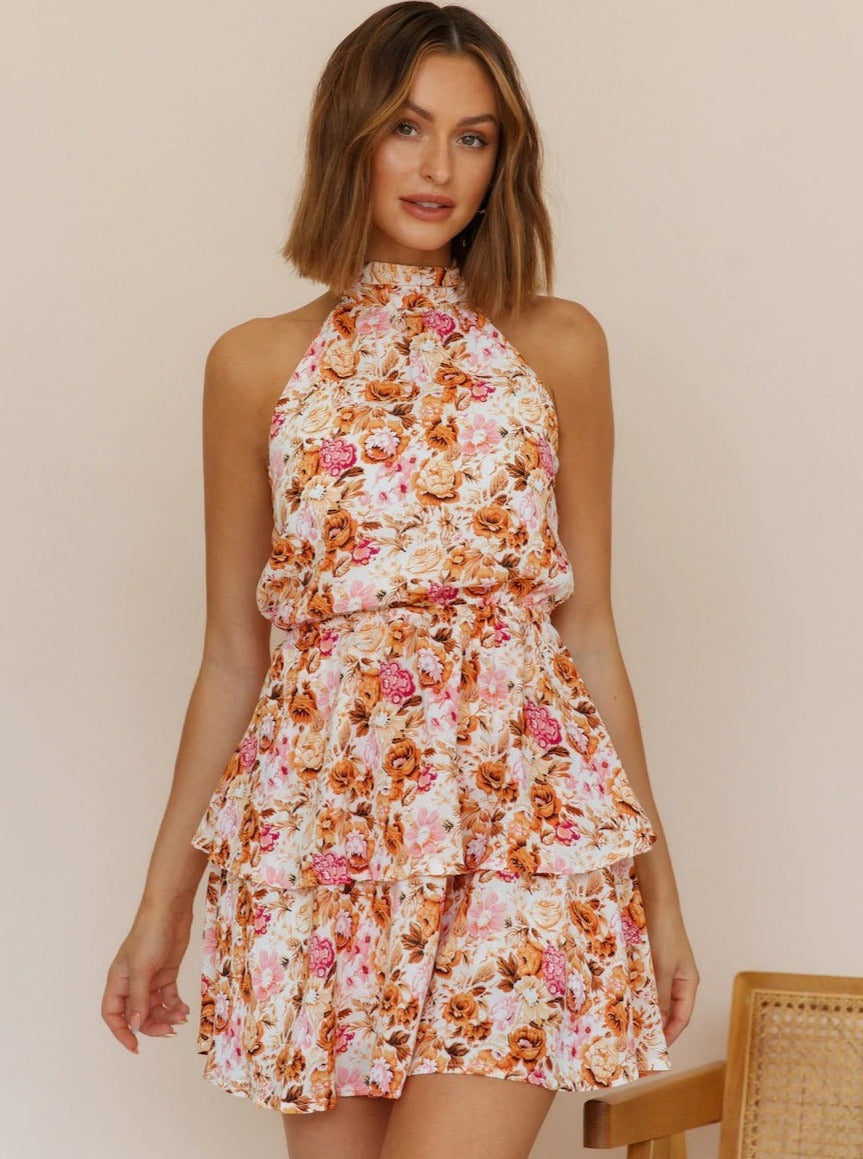 Floral Printed Halter Tiered Mini Summer Dress