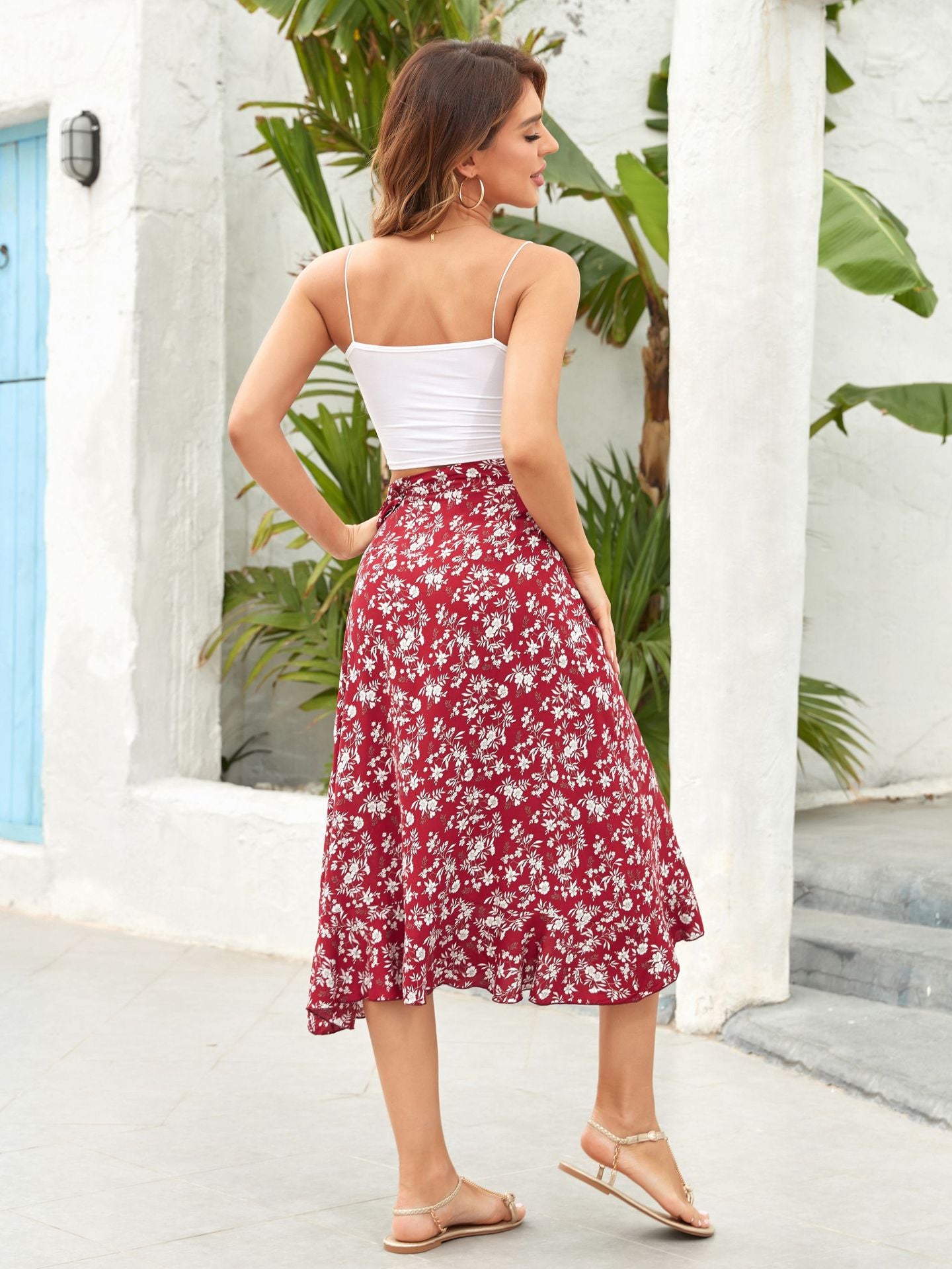 Red Overall Printed Asymmetrical Tie Waist Skirt