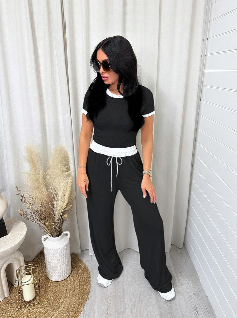 Casual Black Two Piece Round Neck Short Sleeve Tops Wide Leg Pants Set