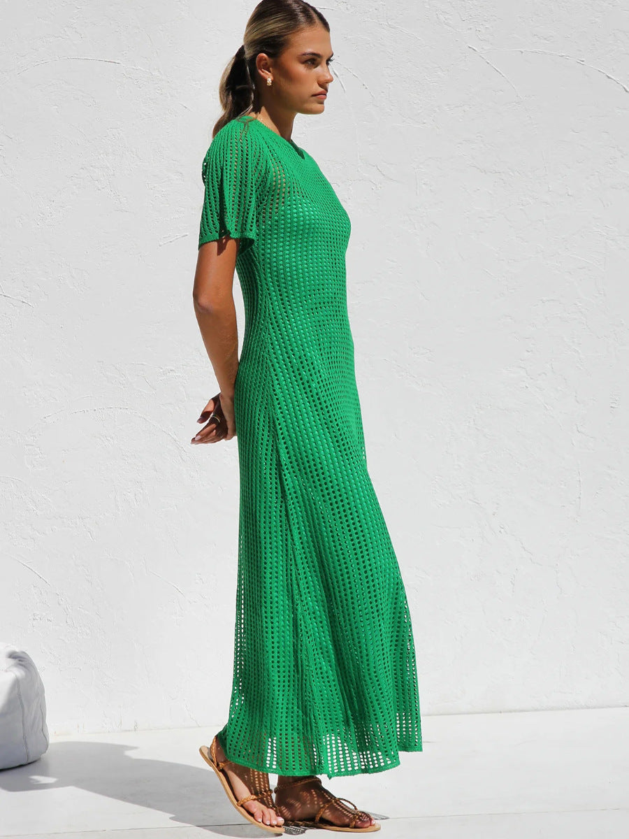 Green Casual Round Neck Short Sleeve Hollow Mid-Length Dress