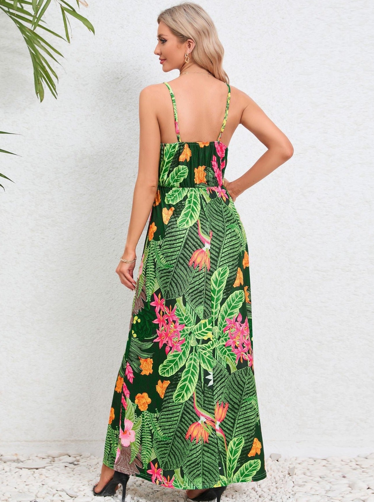 Dark Green Tropical Printed Long Dress