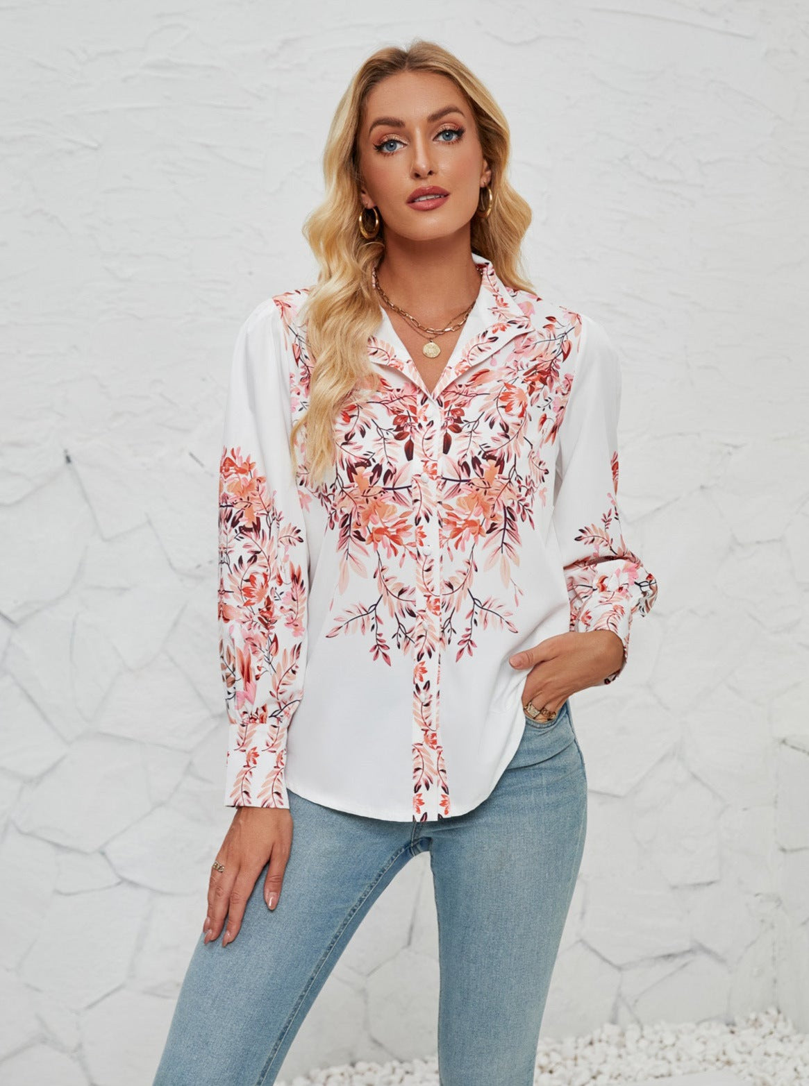 Floral Detailed Button Down Casual Temperament Long Sleeve Shirt