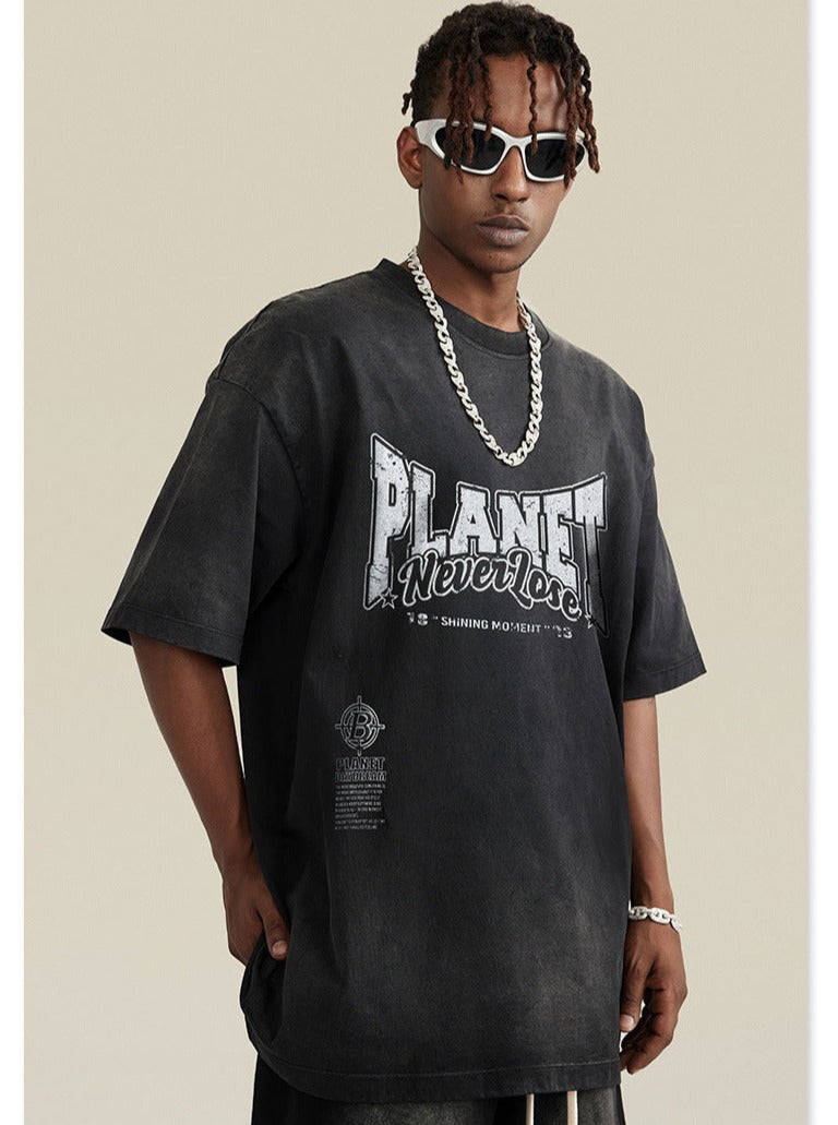 Spring Black Basic Planet Printed Oversized Shirt