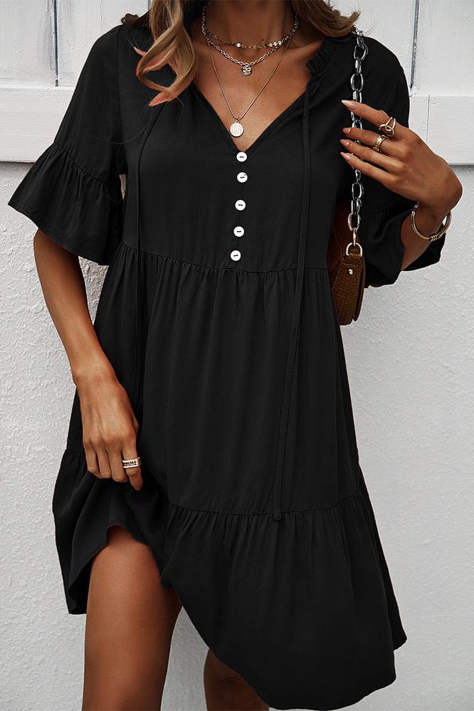 Sexy Frill V-Neck Drawstring Tie Smock Dress