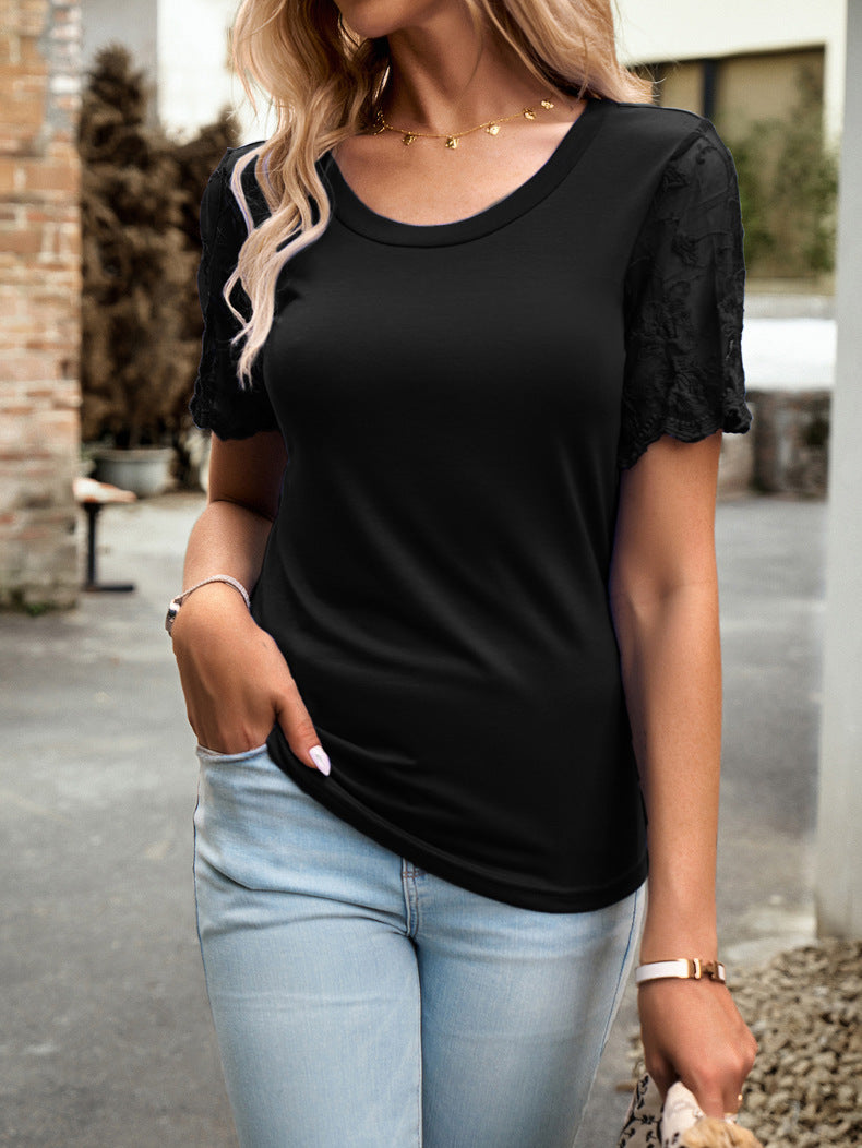 Round Neck Lace Sleeve T-Shirt