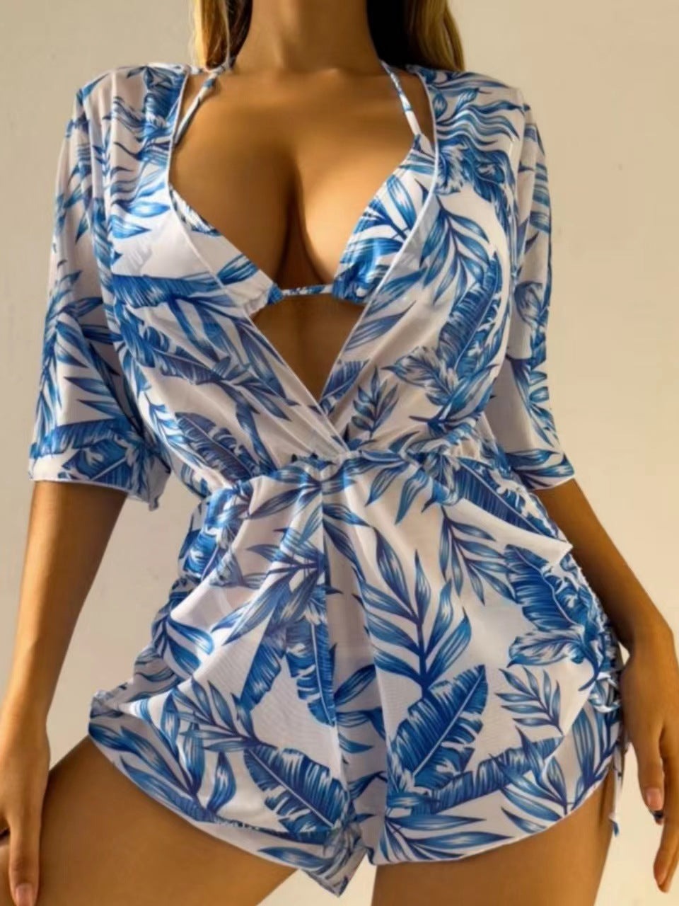 Blå tropisk tredelt sexet bikini 