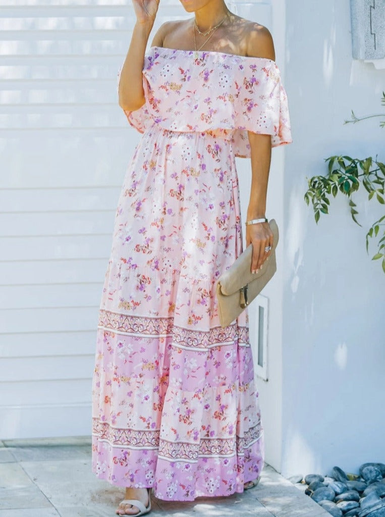 Pink Floral Retro Printed Off Shoulder Maxi Dress