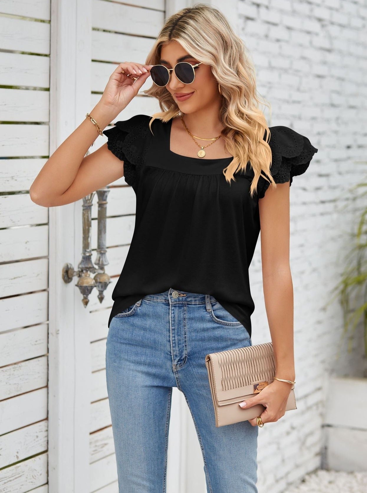 Black Lace Stitching Square Collar Petal Short-Sleeved Shirt