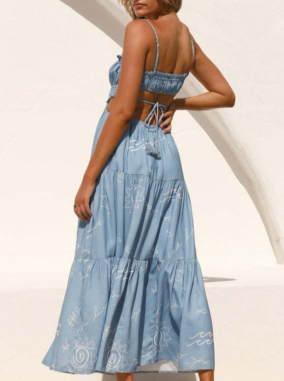 Sexy Backless Printed Lace Up Long Dress
