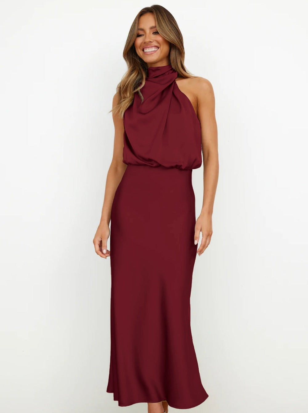 Elegant Maroon Halter Neck Dress