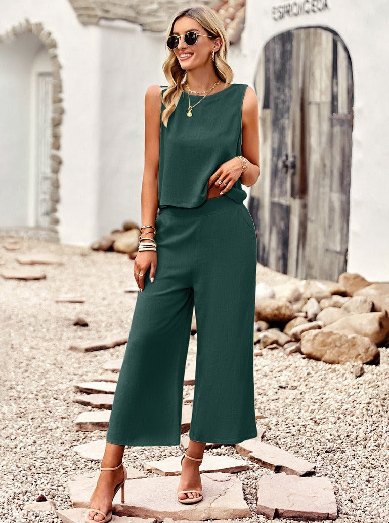Two Piece Sleeveless Top Wide Leg Square Pants